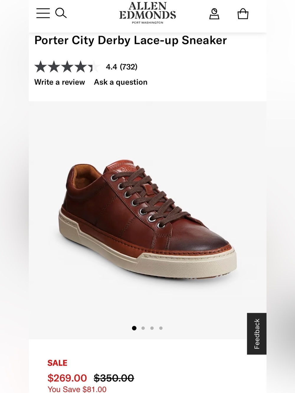 Men’s Allen Edmonds Porter City Derby Lace-Up Sneaker-Brown-Cream Sole size 15